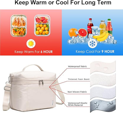 NOL Natural Organic Lifestyle Insulated Lunch Bags for Women Cooler Bag Lightweight Nylon Waterproof Lunch Box For Work（Medium, Cream
