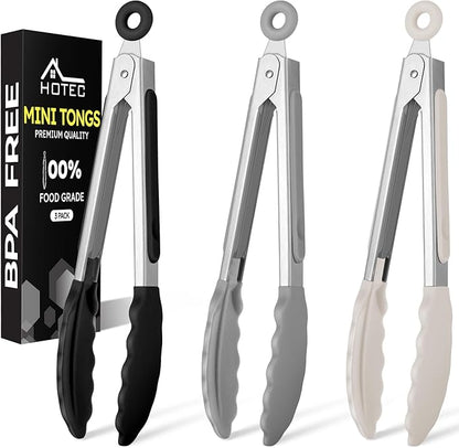 Hotec Mini Silicone Kitchen Tongs for Cooking - 7-Inch Small Serving Tongs with Silicone Tips, Set of 3 (Black,Grey,Khaki)
