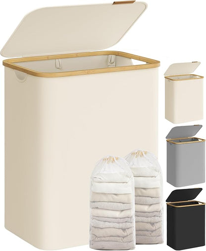 SONGMICS Laundry Hamper with Lid, 2-Section Large Laundry Basket, 34.3-gallon (130L), Removable Mesh Liner, Bamboo Handles, Collapsible, 20.5 x 15.2 x 27.8 Inches, Cream White ULCB513W01
