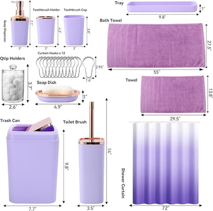 Purple Bathroom Accessories, 24 Pieces Light Purple Bathroom Accessories Set with Shower Curtain, Bath Towels, Trash Can, Soap Dispenser and Soap Dish for Bathroom/Housewarming