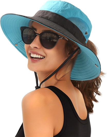 FURTALK Womens Sun Hat with Ponytail Hole Beach Hiking Summer Wide Brim UPF 80+ Outdoor Protection Foldable Bucket Hat