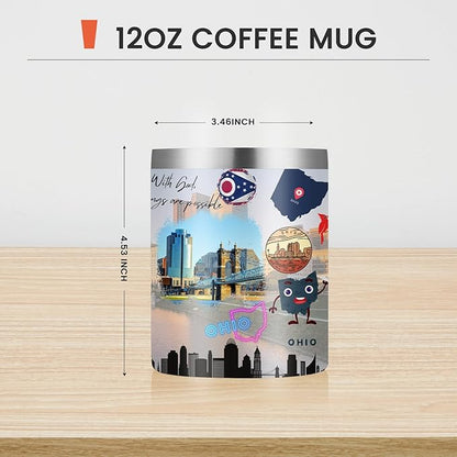 12oz Coffee Mug Ohio State Insulated Coffee Cups, United States Map Travel Mug Landmark, Birthday Gifts Cute Mugs with Lid and Straw Gifts for Mom
