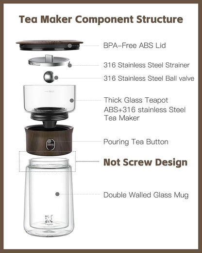 ZENS Modern Glass Infuser Teapot, One Touch Tea Maker for Loose Leaf Tea with Insulated Mug and Portable Case. Enchanted Pot Alternatives for Tea Lover Gifts