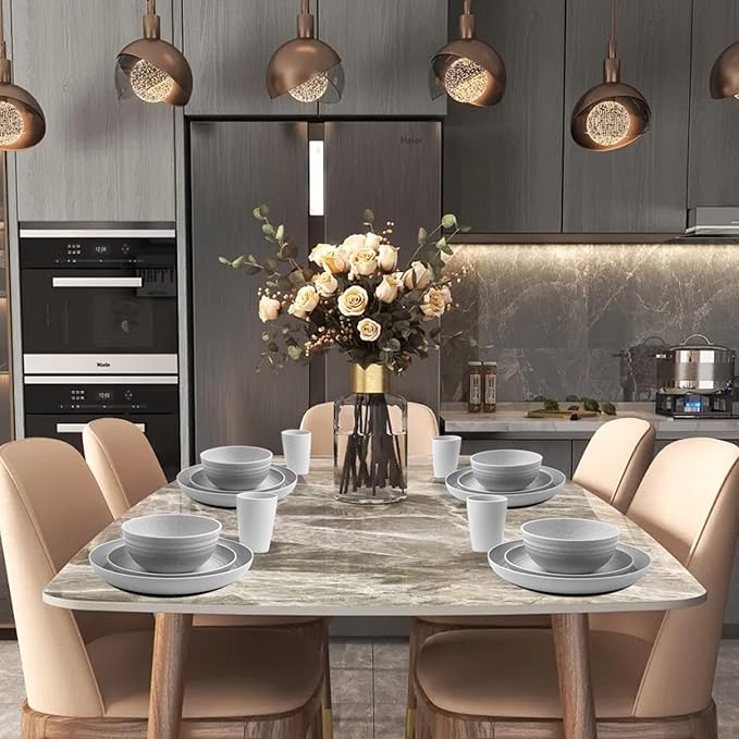 Supernal 32pcs Wheat Straw Dinnerware Sets for 8,Plates and Bowls Sets,Reusable Plastic Plates,Grey Dish Set for 8 include 16pcs Dishes, 8pcs Bowls, 8pcs Cups,Dishwasher Safe.