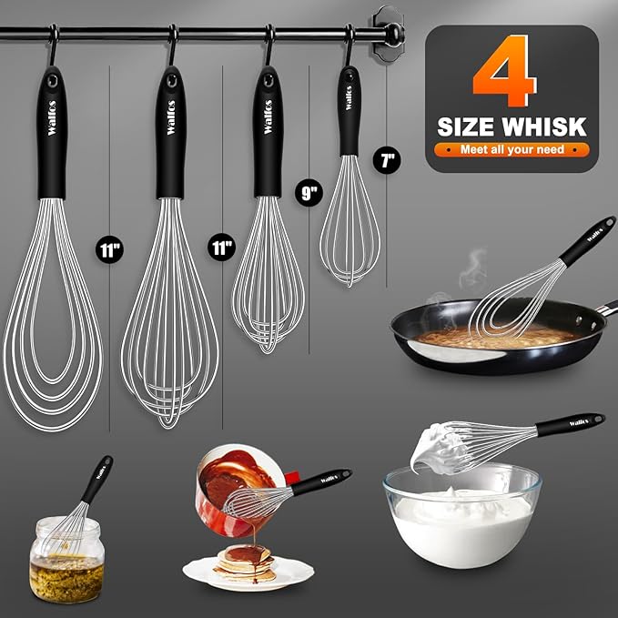 Walfos Whisk,Whisks for cooking set, 304 Stainless steel Whisks,Heat Resistant 600°F.Perfect for Blending Beating Stirring - 11inFlat Whisk and 7+9+11in Balloon Whisk