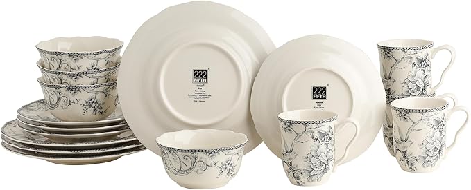 222 Fifth Adelaide 16-Piece Casual Grey Porcelain Dinnerware Set – Service for 4, Classic Toile Bird & Floral Design, Microwave & Dishwasher Safe, for Everyday Dining & Entertainment