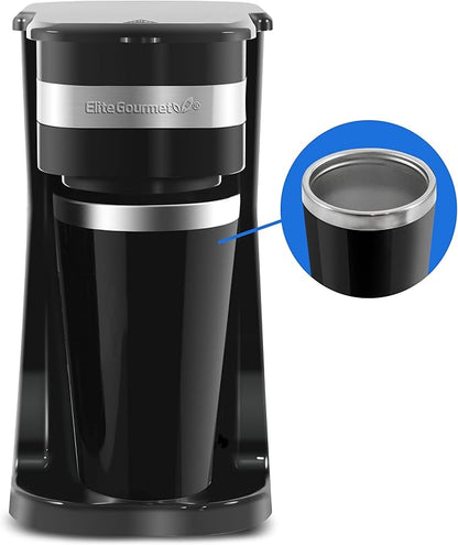 Elite Gourmet EHC111A Personal Single-Serve Compact Coffee Maker Brewer Includes 14Oz. Stainless Steel Interior Thermal Travel Mug, Compatible with Coffee Grounds, Reusable Filter, Black