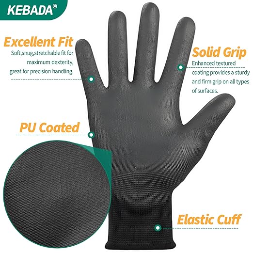 Kebada W1 Safety Work Gloves, PU Coated Touch Screen Work Gloves with Grip, Bulk Pack Working Gloves for Warehouse, Construction, Gardening and Mechanic Use, Black, 50 Pairs, XXL