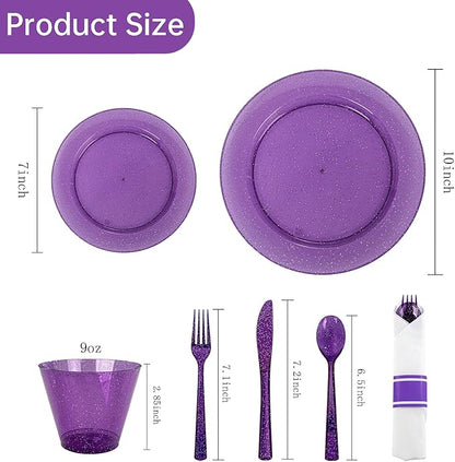 DaYammi 210 Purple Glitter Plastic Dinnerware Set for 30 Guests, Fancy Disposable Plates for Party, Include: 30 Dinner Plates, 30 Dessert Plates, 30 Pre Rolled Napkins with Purple Silverware, 30 Cups