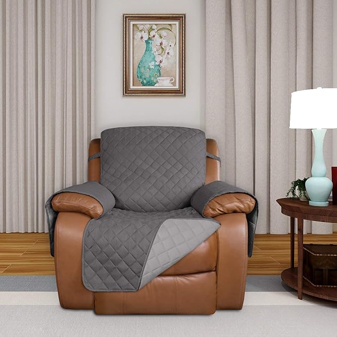 PureFit Reversible Quilted Sofa Cover, Water Resistant Slipcover Furniture Protector, Washable Couch Cover with Non Slip and Elastic Straps for Kids, Dogs, Pets (Oversized Recliner, Gray/Light Gray)