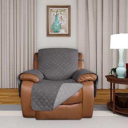 PureFit Reversible Quilted Sofa Cover, Water Resistant Slipcover Furniture Protector, Washable Couch Cover with Non Slip and Elastic Straps for Kids, Dogs, Pets (Oversized Recliner, Gray/Light Gray)