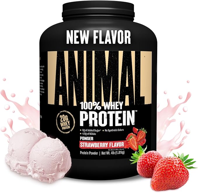 Animal 100% Whey Protein Powder – Whey Blend for Pre or Post Workout, Recovery, Anytime Low Sugar Protein Boost Meal Replacement with BCAA Branched Chain Amino Acids – New Flavor, Strawberry, 4 lb