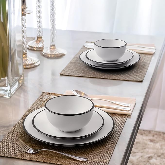 Homlouue 16 Pieces Stoneware Dinnerware Set, Speckled Ceramic Plates and Bowls Mugs Sets Service for 4, Ceramic Dishes Set, Microwave and Dishwasher Safe(White with Black Rim)