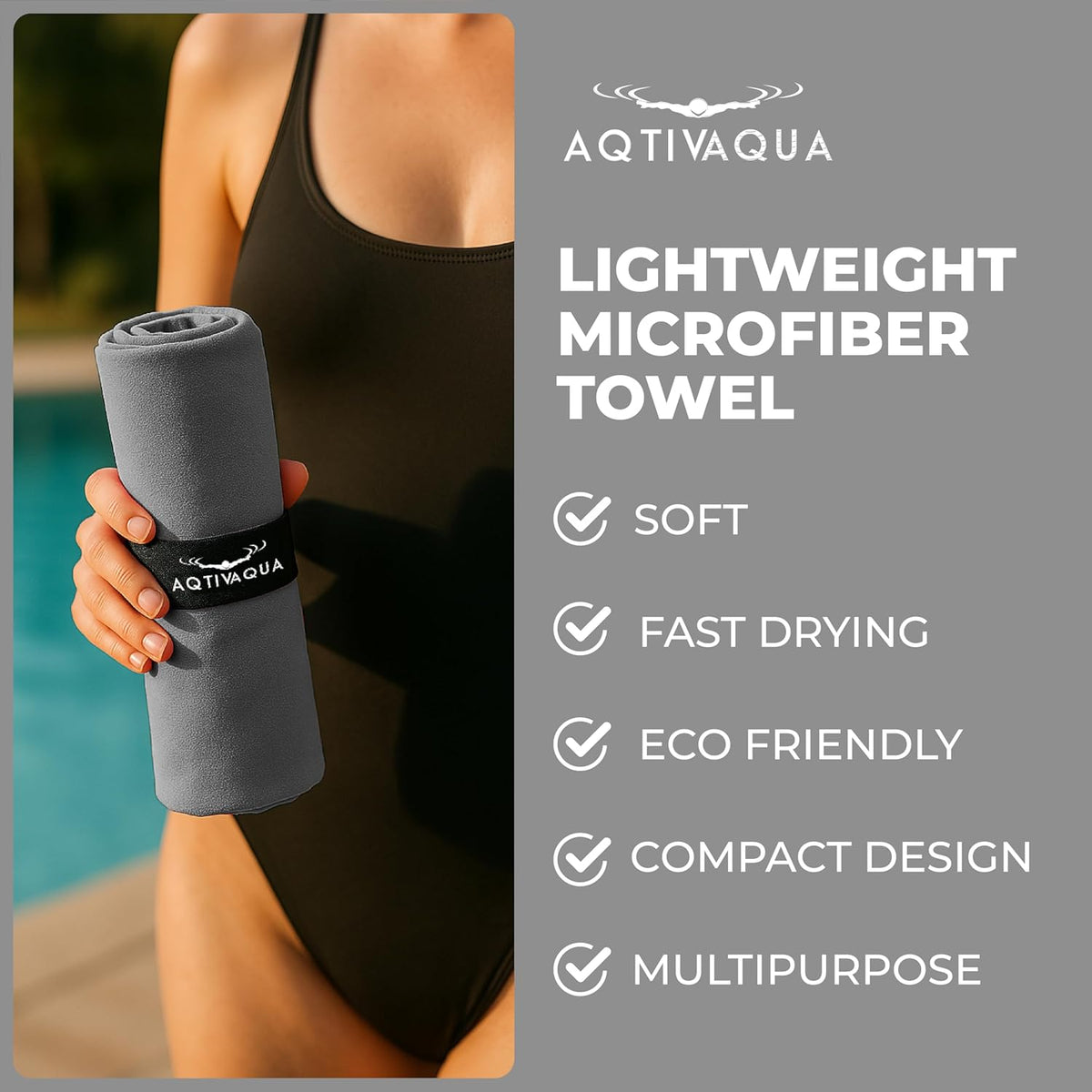 AqtivAqua Quick Dry Towel - Lightweight Microfiber Travel Towel w/Bag - Fast Drying Towel Set for Camping, Beach, Pool, Gym, Backpacking, Sports, Yoga & Swim Use, Hiking (Gray, M:24"x40")