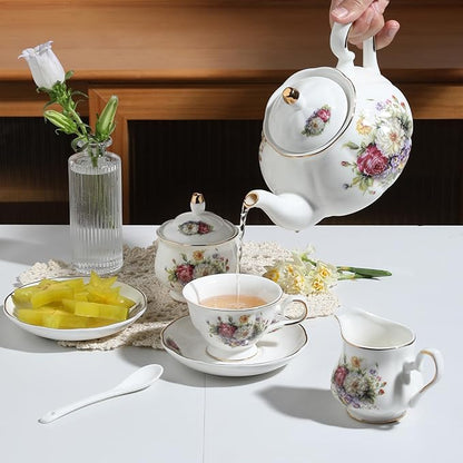 Sweejar Ceramic Teapot with Infuser, Floral Relief Gold Rimmed Teapot, 29 OZ Porcelain Tea Pot for Blooming and Loose Tea, Coffee...(Flower Style)