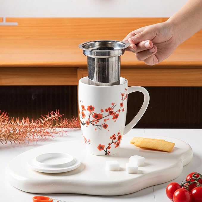 Sweejar Porcelain Tea Mug with Infuser and Lid,Teaware with Filter, Loose Leaf Tea Cup Steeper Maker, 16 Fl Oz for Tea/Coffee/Milk/Women/Office/Home/Gift (Plum Blossom)