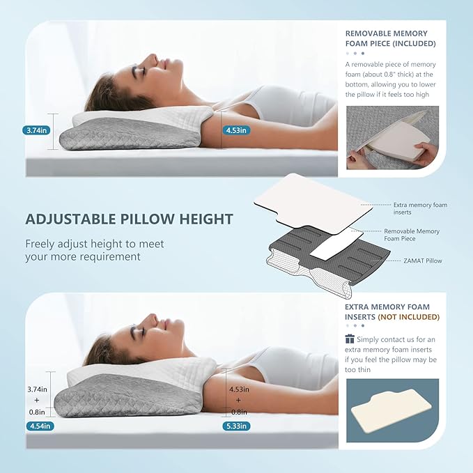 ZAMAT Adjustable Cervical Memory Foam Pillow, Odorless Neck Pillows for Pain Relief, Orthopedic Pillows for Sleeping with Cooling Pillowcase, Ergonomic Support Pillow for Stomach, Back, Side Sleeper