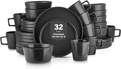 Stone Lain Celina Stoneware 32 Piece Dinnerware Set, Plates and Bowls, Black Matte Dish Collection, Service for 8 – Contemporary Minimalist Style, Microwave & Dishwasher Safe