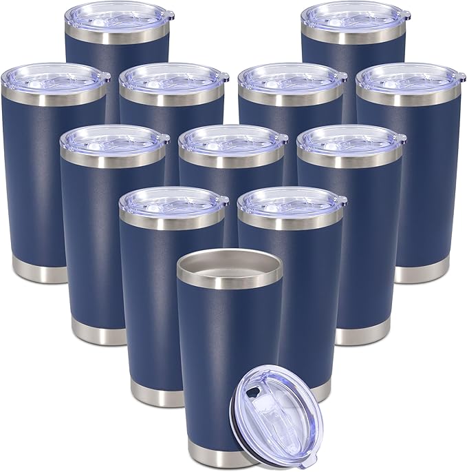 20 oz Tumbler with lid Double Wall Vacuum Insulated Tumblers Stainless Steel Coffee Mug Travel Coffee Tumbler Powder Coated Tumbler Cup Keep Hot&Cold - (Navy 12 Pack)