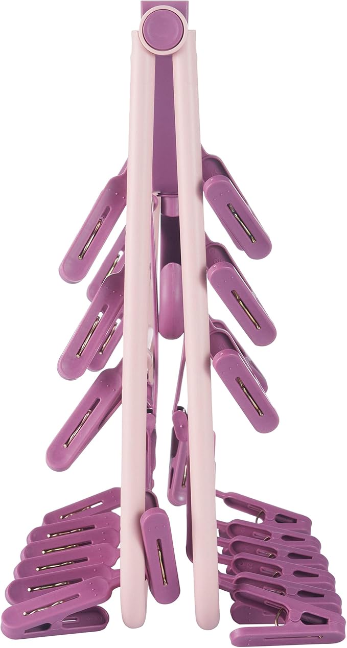 Foldable Clip Hangers with 32 Clothespin Drying Clips,Laundry Clip Drip Drying Hanger for Underwear Socks Bras Lingerie Clothes(Pink)