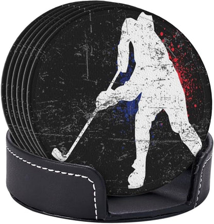 6 Pcs Vintage Ice Hockey Player Leather Coasters