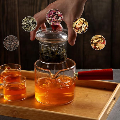 WHJY Glass Teapot With Infuser for Loose Tea, Small Magic Kettle for Stove Top, Clear Japanese Kyusu With Wooden Handle - 17 oz