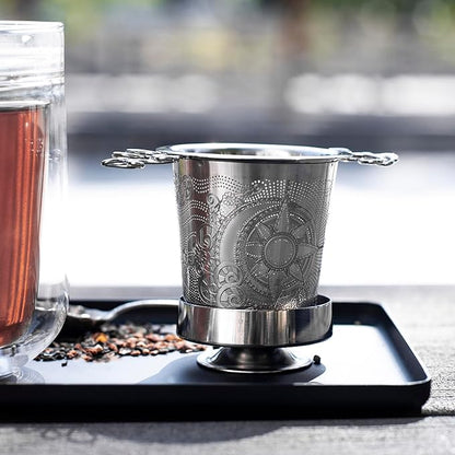 Premium Stainless Steel Tea Infuser Basket Gift Set - Gold Plated Loose Leaf Tea Steeper with Floral Engraved Lid, Stand & Fine Mesh Filter | Best Tea Strainer for Tea Lover