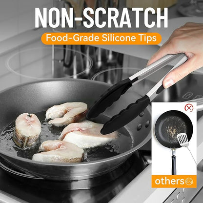 Hotec Silicone Kitchen Tongs for Cooking 9-Inch Serving Tongs with Silicone Tips, Set of 3 (Black)