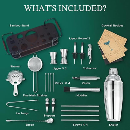 KITESSENSU Cocktail Shaker Set Bartender Kit with Stand | Complete 24-Piece Bar Set Cocktail Kit with All Bar Accessories: Martini Shaker, Jigger, Muddler | Drink Mixer Set for Home Bar Cocktails