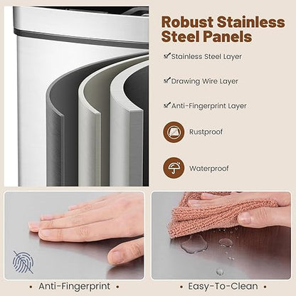 Goplus 19 Gal Stainless Steel Trash Can, 72 L Volume in 4 Containers, Motion Sensor Trash Bin w/Kitchen Waste Bin & 2 Bottom Recycling Bins, Touchless Garbage Can w/Soft Close Lid, Battery Operated