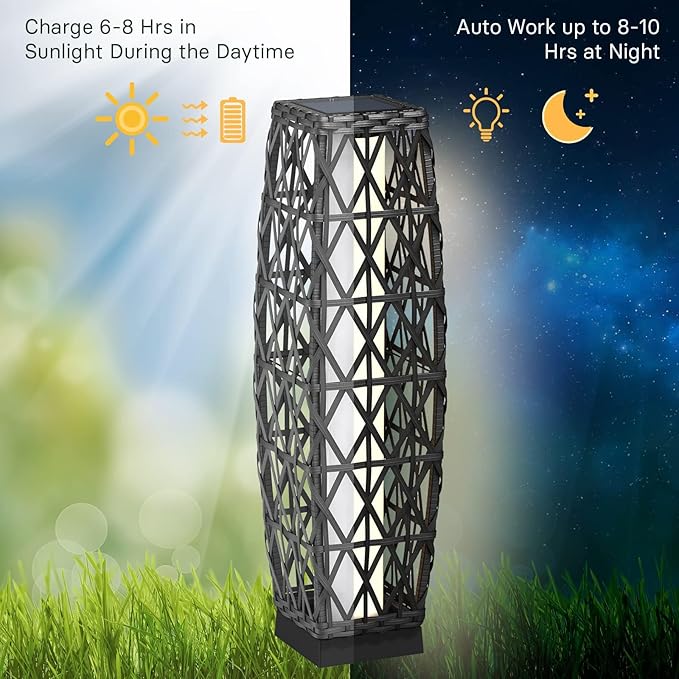 Grand patio Solar Outdoor Floor Lamp Wicker Lantern Decoration Light for Deck Garden Lawn Porch-Medium Cindy, Silver Gray