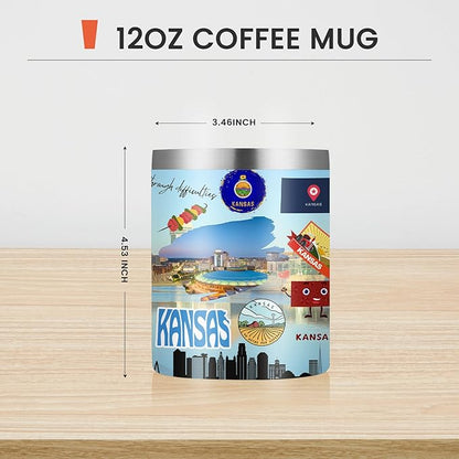12oz Coffee Mug Kansas State Insulated Coffee Cups, United States Map Travel Mug Landmark, Birthday Gifts Cute Mugs with Lid and Straw Mothers Day Gifts