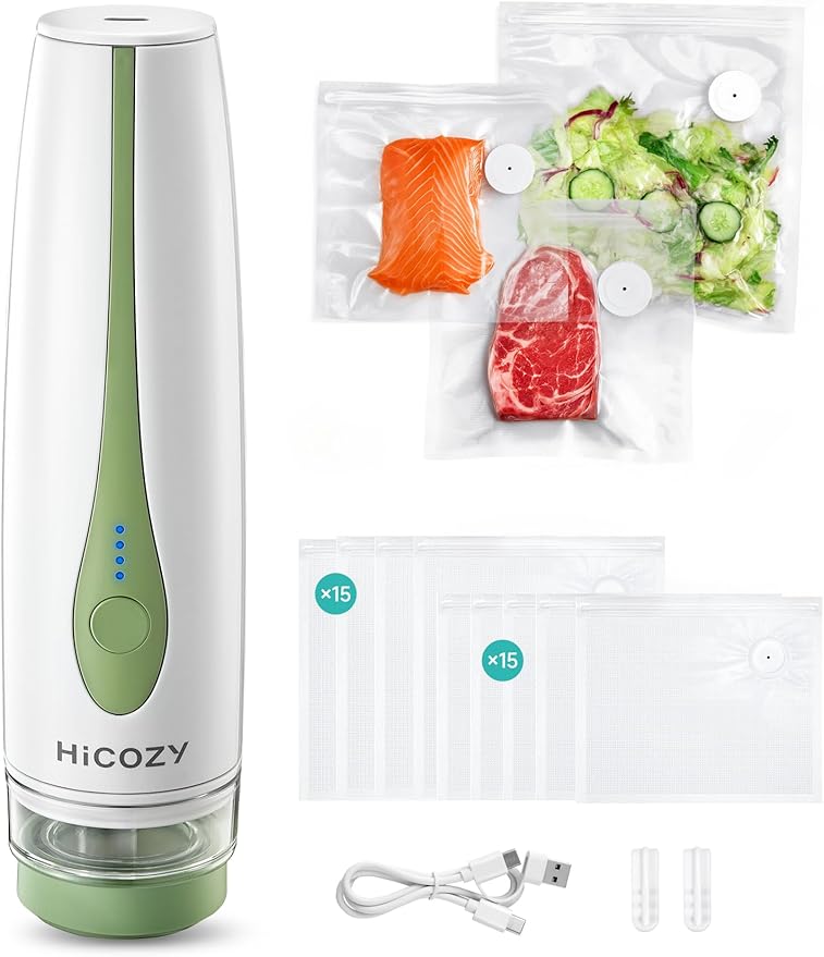 HiCOZY Vacuum Sealer for Food with Visible Water Tank, Powerful Compact Handheld Vacuum Sealer Machine with LED Battery Display, 30 BPA-Free and Reusable Bags, Green