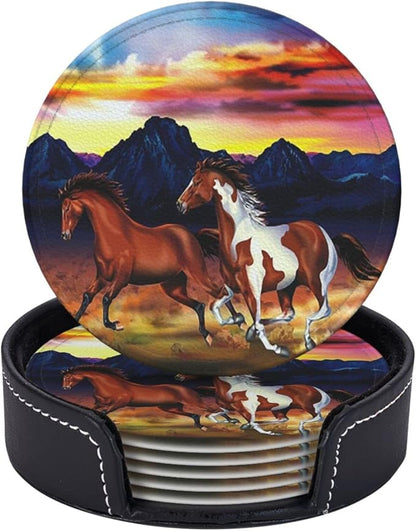 6 Pcs Wild Horses Running Leather Coasters