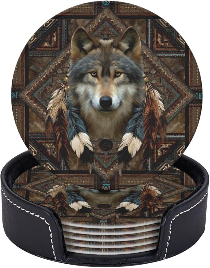 6 Pack Native American Wolf Feathers Leather Coasters