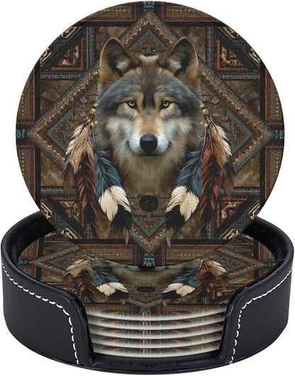 6 Pack Native American Wolf Feathers Leather Coasters