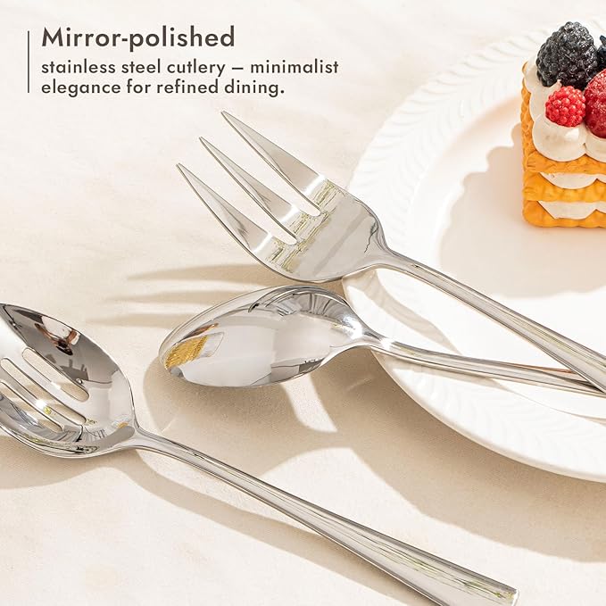 KINGSTONE 5 Piece Serving Utensils Set, 18/10 Stainless Steel Serving Utensils Large, Serving Spoon, Slotted Spoon, Fork, Tong, Cake Server for Buffet, Parties, Kitchen,Entertaining, Wedding