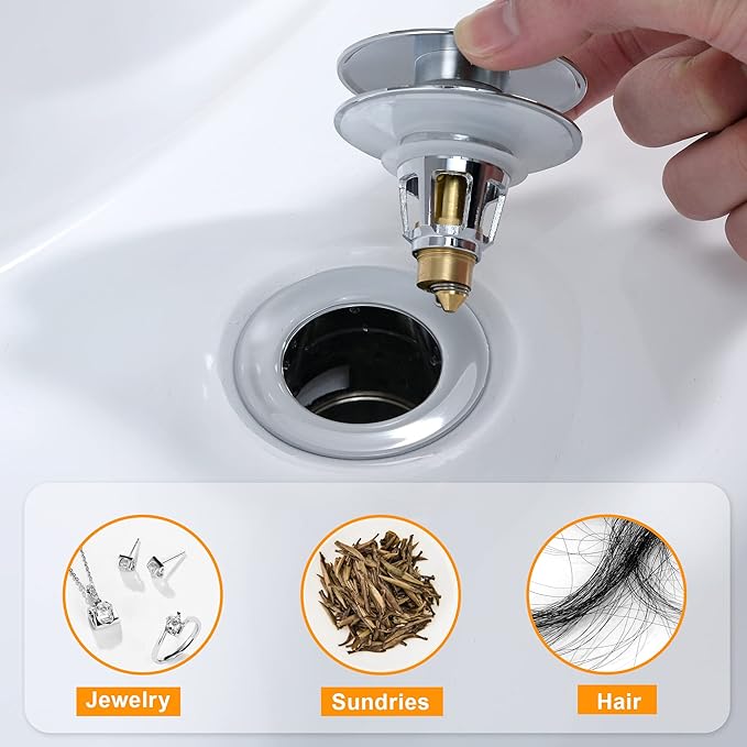 Universal Bathroom Sink Stopper, 1.1~1.5" Sink Drain Stopper, Full Size Bounce Bullet Type Pop Up Basin Drain Strainer, Chrome Anti-Clogging Sink Drain Filter with Hair Catcher (Silver)