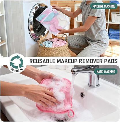 12 Pack Makeup Remover Cloth, 6" x 6" Reusable Makeup Remover Towels Face Washcloth for Washing Face, Makeup Remover Pads Cosmetic Face Wash (Pink-White-Blue)