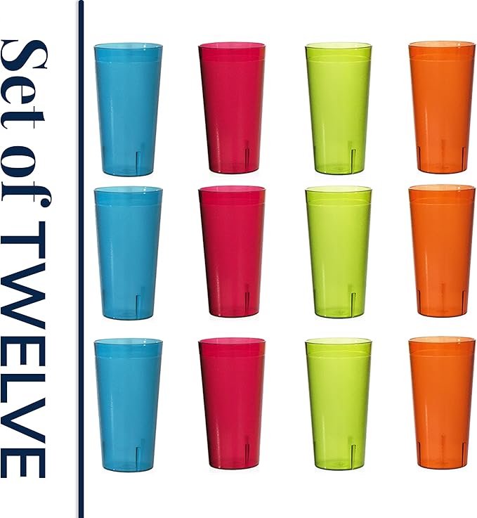 US Acrylic Café Plastic Reusable Tumblers (Set of 12) 32-ounce Iced-Tea Cups, Assorted | Value Set of Restaurant Style Drinking Glasses, Stackable, BPA-free, Made in the USA | Top-rack Dishwasher Safe