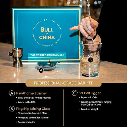 Shaken & Stirred Cocktail Set by Bull in China - Premium Bartender Gift Set w 2 Piece Weighted Shaker, Hammered Jigger, Hawthorne Strainer, Fine Mesh Strainer, Mixing Glass & Barspoon (Rainbow Chrome)