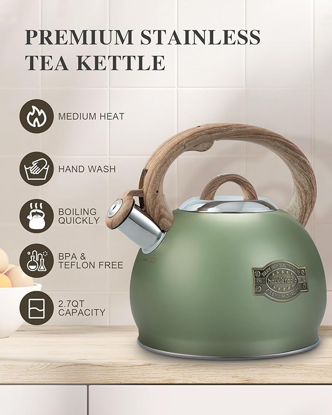 Tea Kettle Stovetop, 2.7 Quart Stove Top Whistling Tea Kettle, Teapot Kettles with Food Grade Stainless Steel and Wood Pattern Handle, Suitable for All Heat Sources