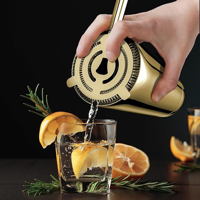 IOV Boston Cocktail Shaker Set, 18oz & 28oz Stainless Steel Weighted Shaker Tins, Metal Martini Drink Mixer for Bartending, Professional Bar Tools with Cocktail Recipe Guide, Gold