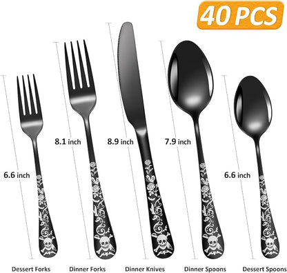 Skull Black Silverware Set for 8, 40-Piece Pirate Rose Flatware Set, Gothic