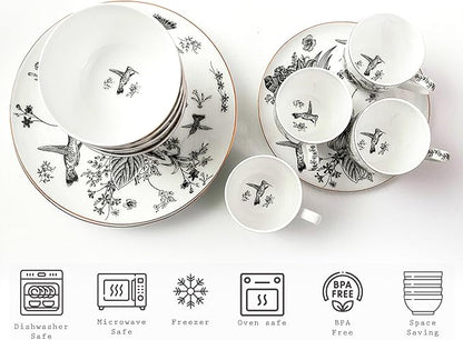 Botanic Plates and Bowls Sets Dishes Set for 4, Ceramic Plates and Bowls Set, Service for 4, Bone China Dinnerware Set Salad Dessert Plates, and Cereal Bowls Set, Microwave safe by KOKEN