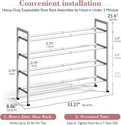 Bumusty 4-Tier Expandable Shoe Rack for Closet, 18“-33” Adjustable Shoe Rack for Small Space, Small Shoe Organizer for Front Door, Sturdy Metal, White