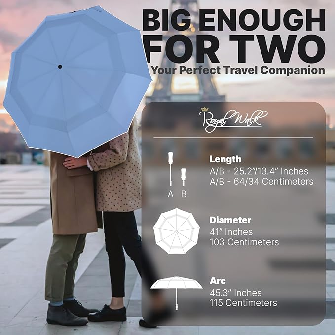 Royal Walk Windproof Folding Travel Umbrella Compact and Strong Luxurious Real Wood Handle Automatic Open Close Vented Double Canopy for Men and Women