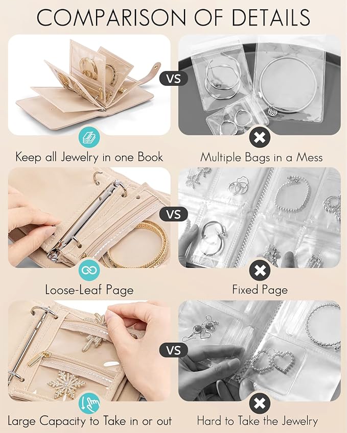 Vlando Travel Jewelry Case,Portable Jewelry Organizer Storage Book with Clear Zipper Velvet Jewelry Pouch Bag Gifts for Traveler Women Girls-Toffee