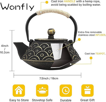 Japanese Tea Kettle Cast Iron Teapot, Teapot Infuser Strainer Set Chinese Black with Gold Wave Pattern with Stainless Steel Filter 30oz/0.9L