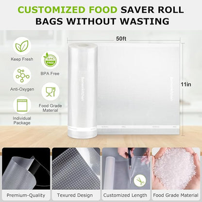 Bonsenkitchen Vacuum Sealer Bags, 11 in x 50 ft Rolls 2 Pack Seal Bags for Food Storage Saver, BPA Free, Commercial Grade Textured Food Roll Bags, Customized Size Bag for Sous Vide Cooking,VB3210